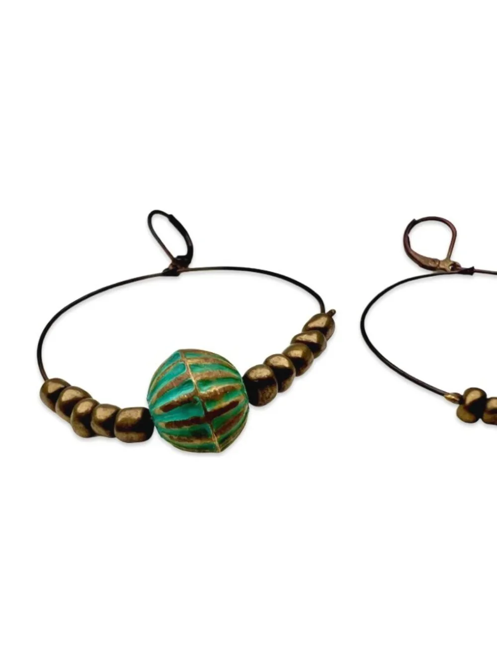 Beaded Hoop Earrings Boho Brass Tone